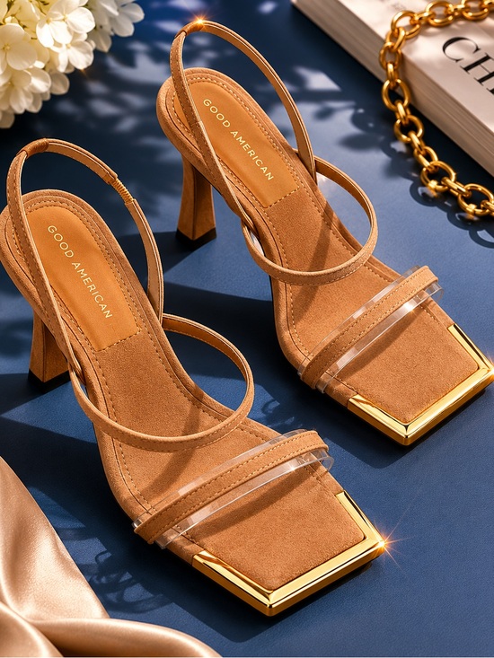 Good American Shoes - NWOT Good American “Standout” Nude Suede Square Toe Heels with Gold Trim Sz 8.5